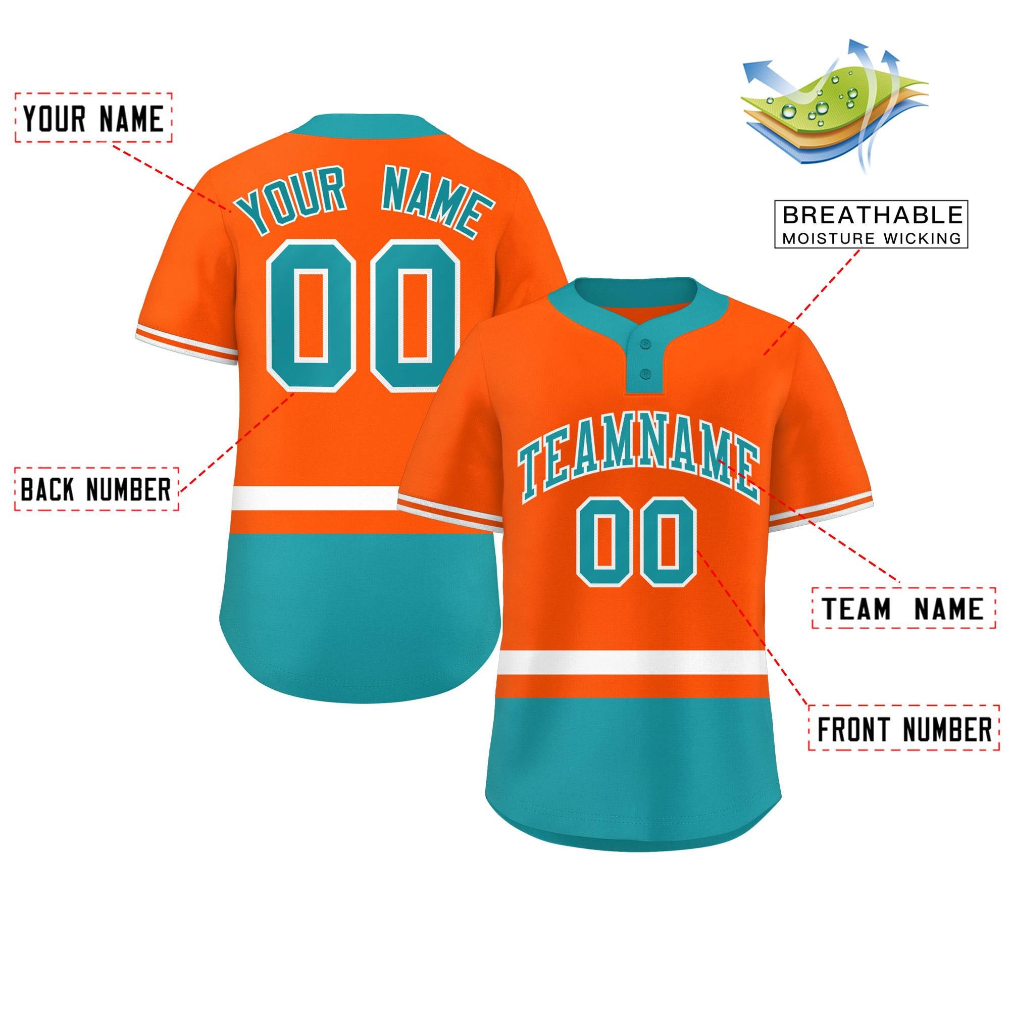 Custom Orange White-Aqua Color Block Personalized Authentic Two-Button Baseball Jersey