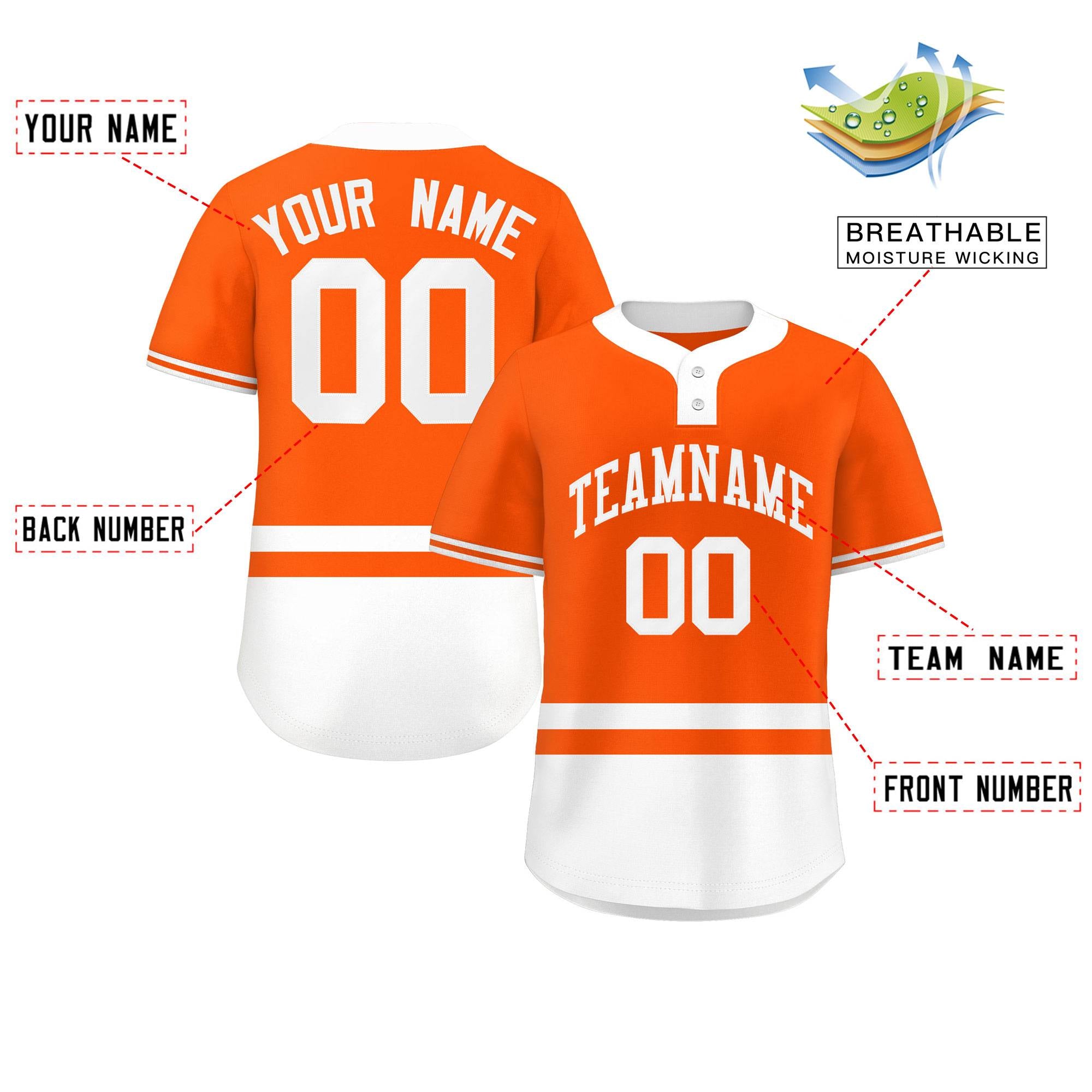 Custom Orange White Color Block Personalized Authentic Two-Button Baseball Jersey