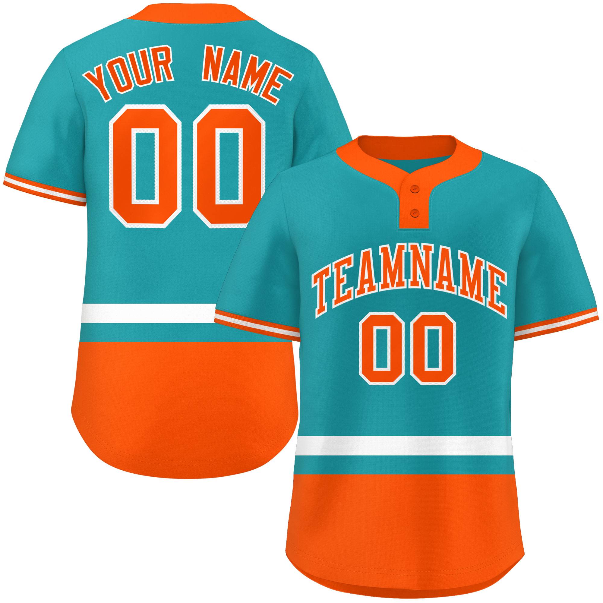 Custom Aqua White-Orange Color Block Personalized Authentic Two-Button Baseball Jersey