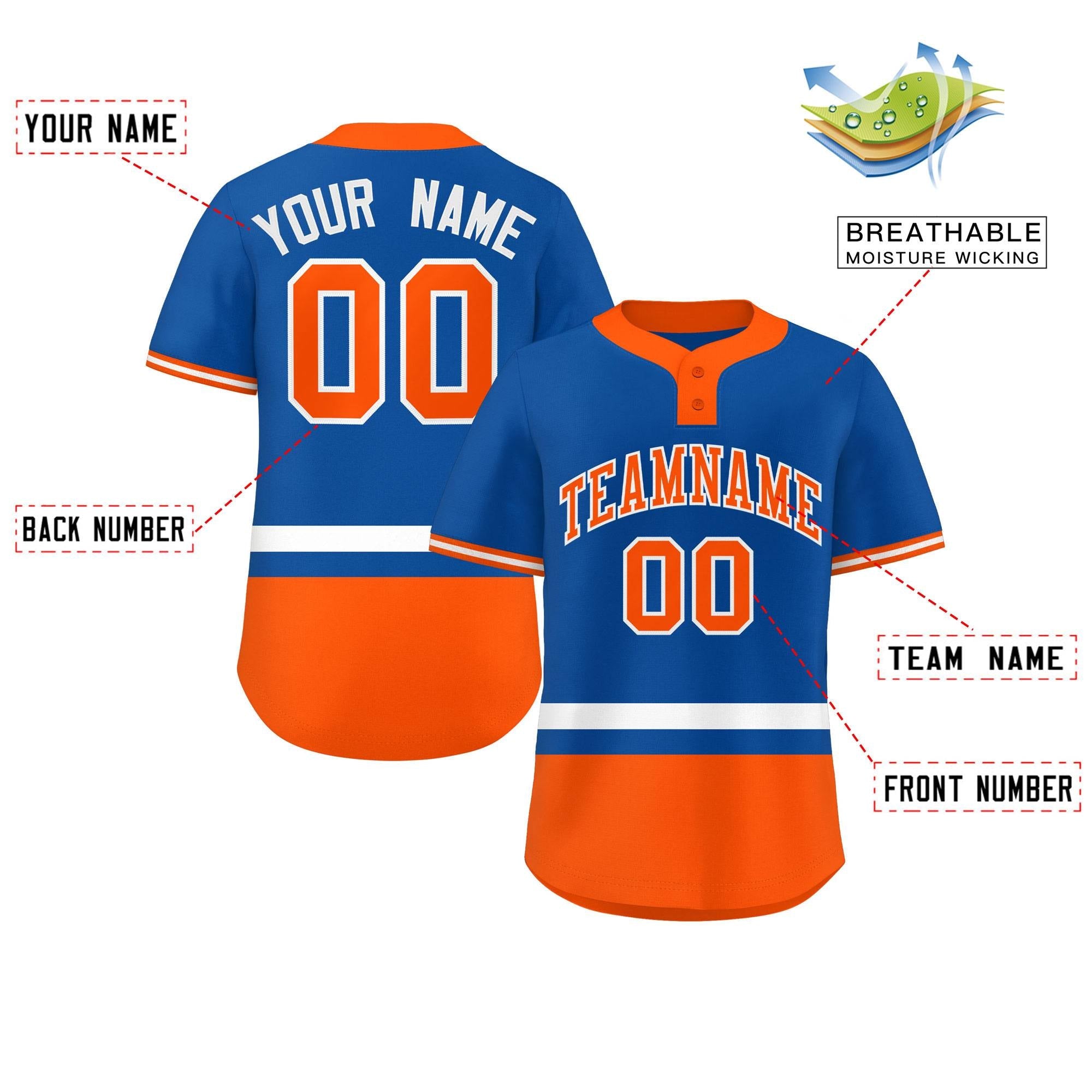 Custom Royal White-Orange Color Block Personalized Authentic Two-Button Baseball Jersey