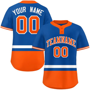 Custom Royal White-Orange Color Block Personalized Authentic Two-Button Baseball Jersey