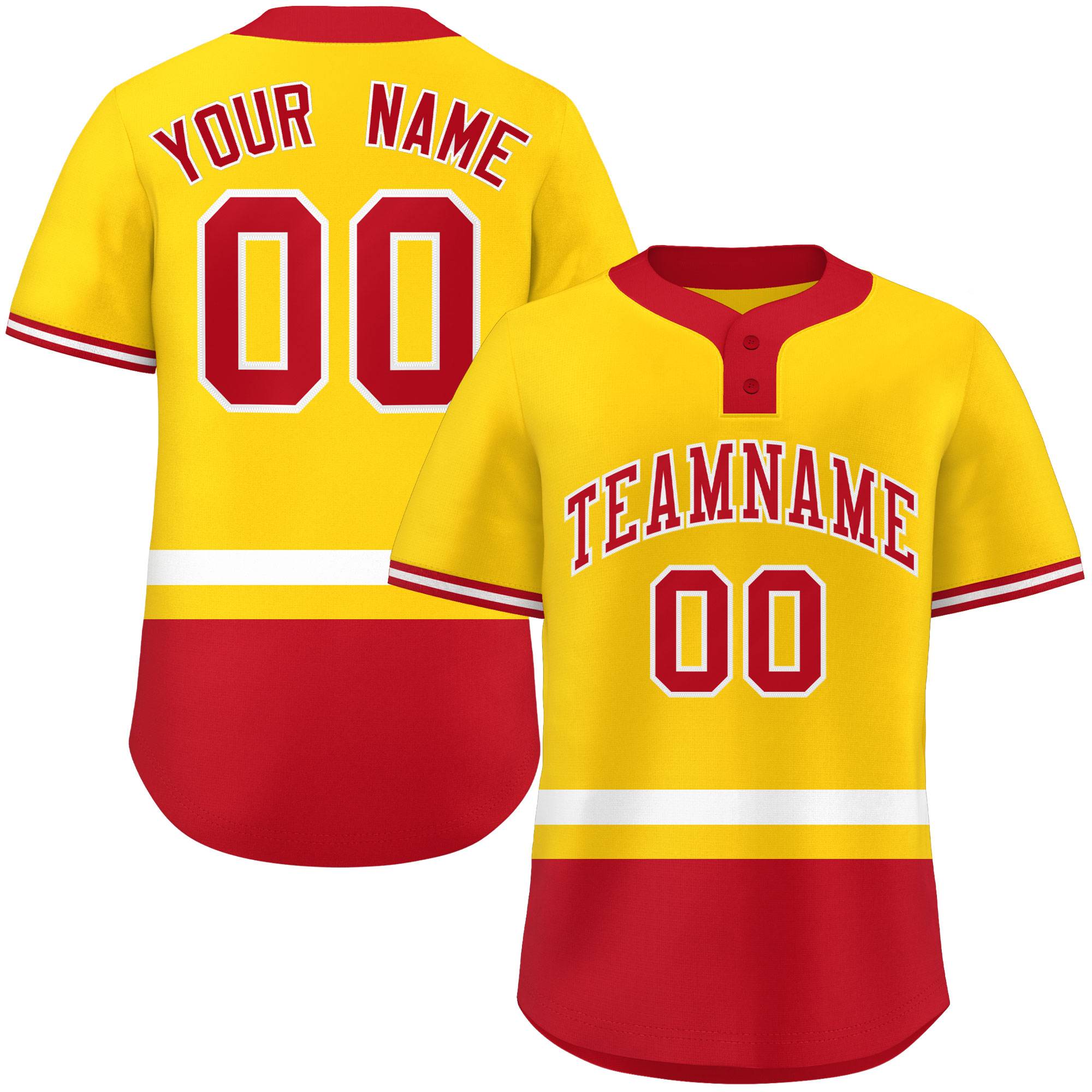 Custom Gold White-Red Color Block Personalized Authentic Two-Button Baseball Jersey