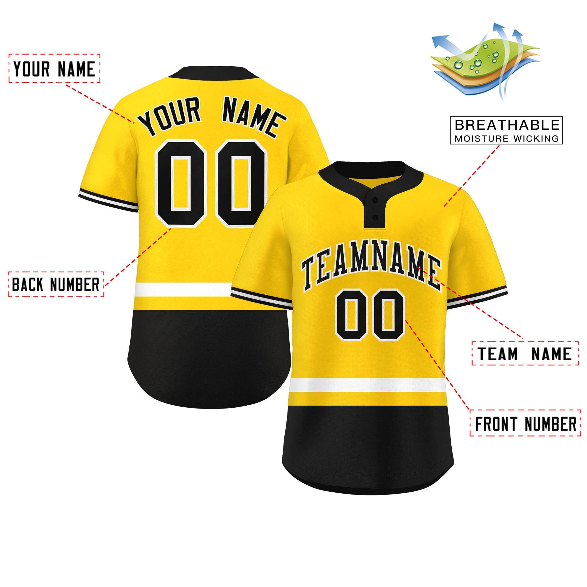 Custom Gold White-Black Color Block Personalized Authentic Two-Button Baseball Jersey