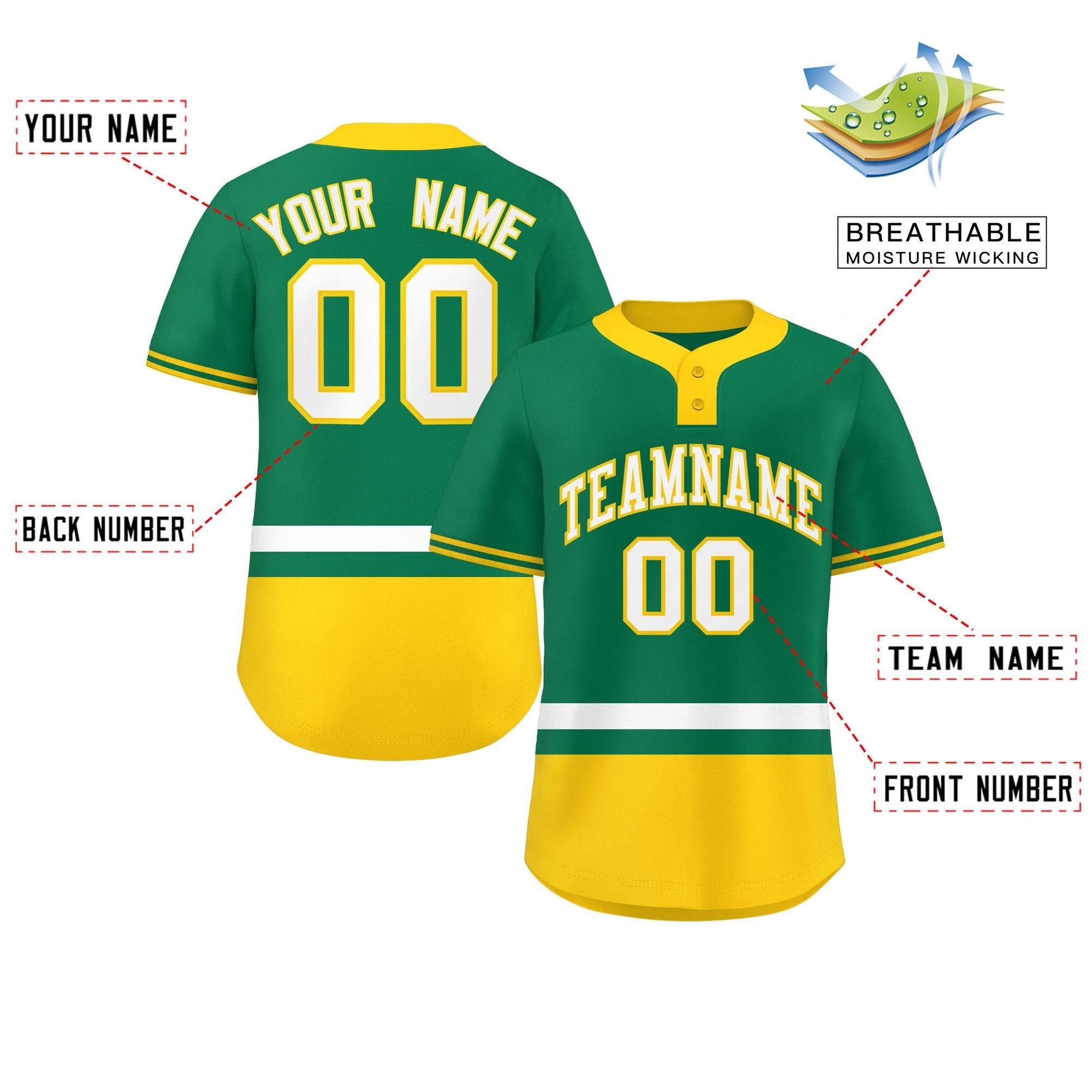 Custom Kelly Green White-Gold Color Block Personalized Authentic Two-Button Baseball Jersey