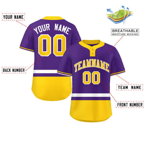 Custom Purple White-Gold Color Block Personalized Authentic Two-Button Baseball Jersey