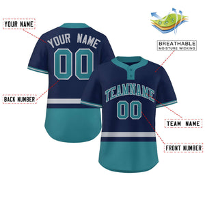 Custom Navy Gray-Aqua Color Block Personalized Authentic Two-Button Baseball Jersey