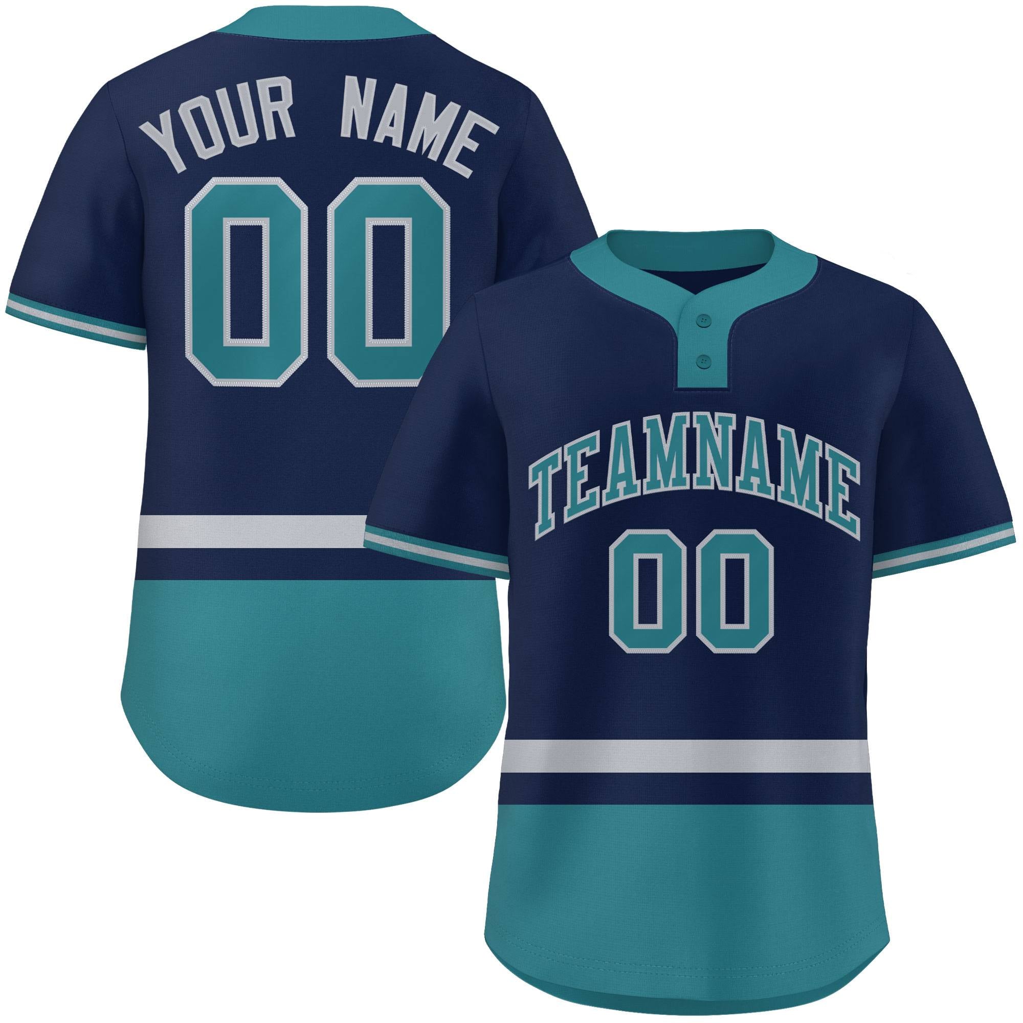 Custom Navy Gray-Aqua Color Block Personalized Authentic Two-Button Baseball Jersey