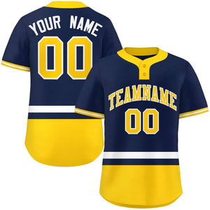 Custom Navy White-Gold Color Block Personalized Authentic Two-Button Baseball Jersey