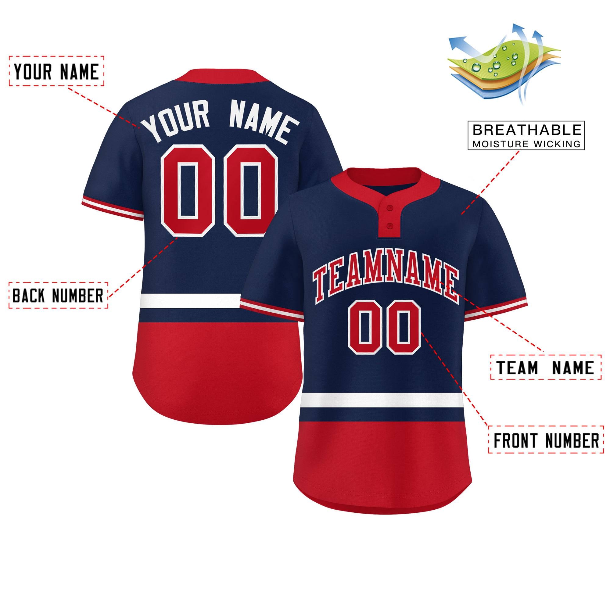 Custom Navy White-Red Color Block Personalized Authentic Two-Button Baseball Jersey