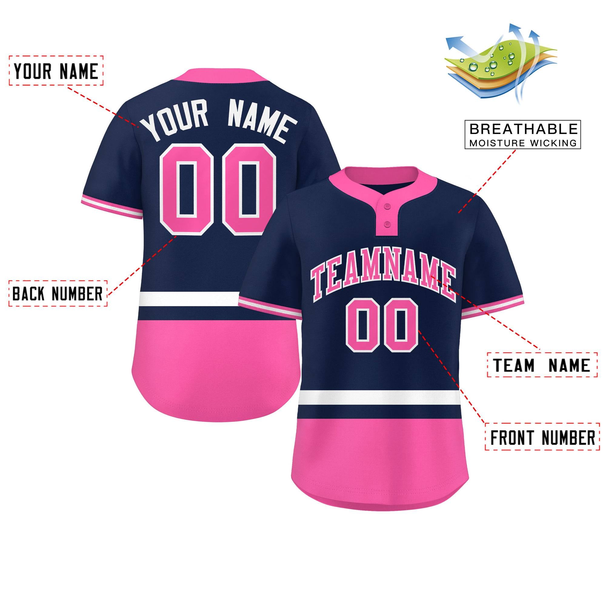 Custom Navy White-Pink Color Block Personalized Authentic Two-Button Baseball Jersey