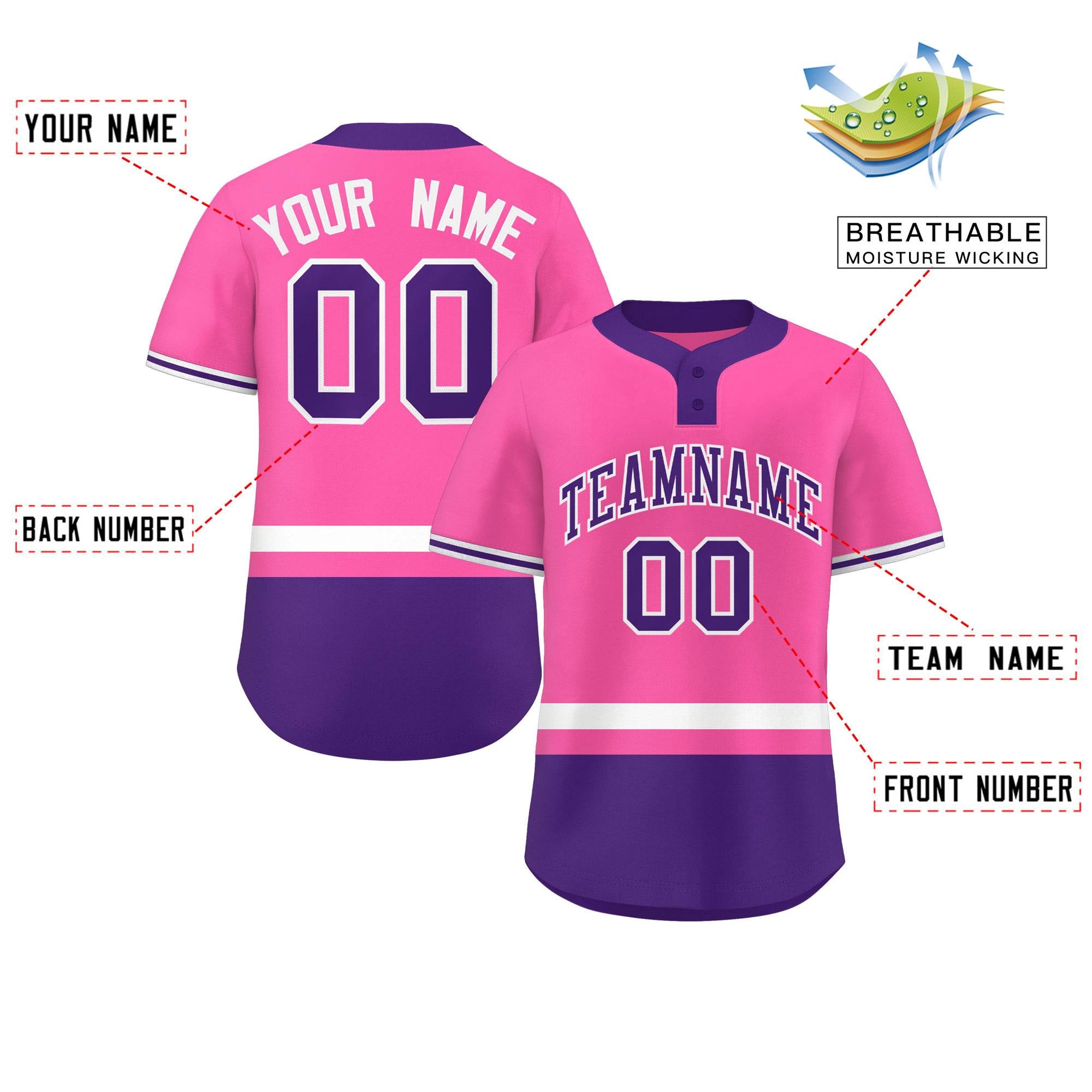 Custom Pink White-Purple Color Block Personalized Authentic Two-Button Baseball Jersey