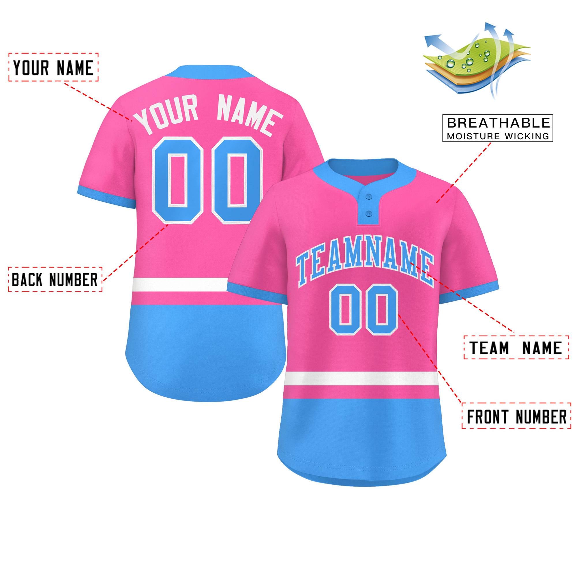 Custom Pink White-Powder Blue Color Block Personalized Authentic Two-Button Baseball Jersey