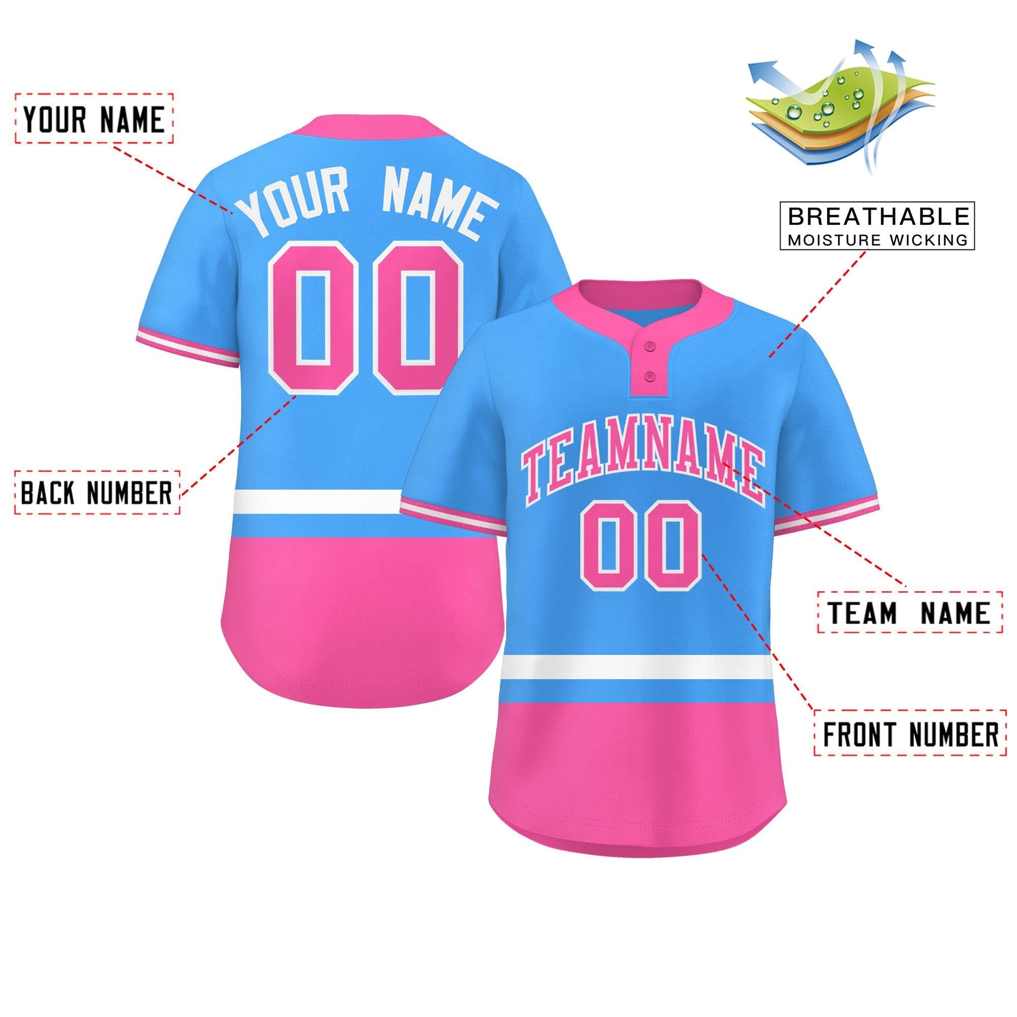 Custom Powder Blue White-Pink Color Block Personalized Authentic Two-Button Baseball Jersey