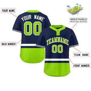 Custom Navy White-Neon Green Color Block Personalized Authentic Two-Button Baseball Jersey