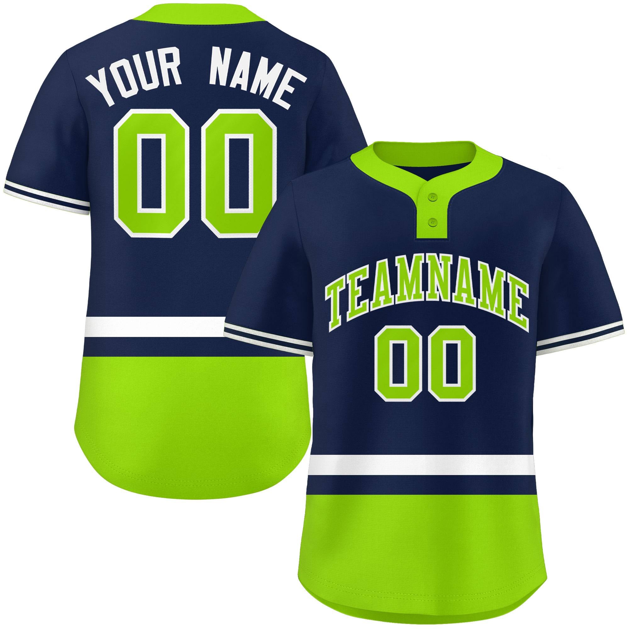 Custom Navy White-Neon Green Color Block Personalized Authentic Two-Button Baseball Jersey