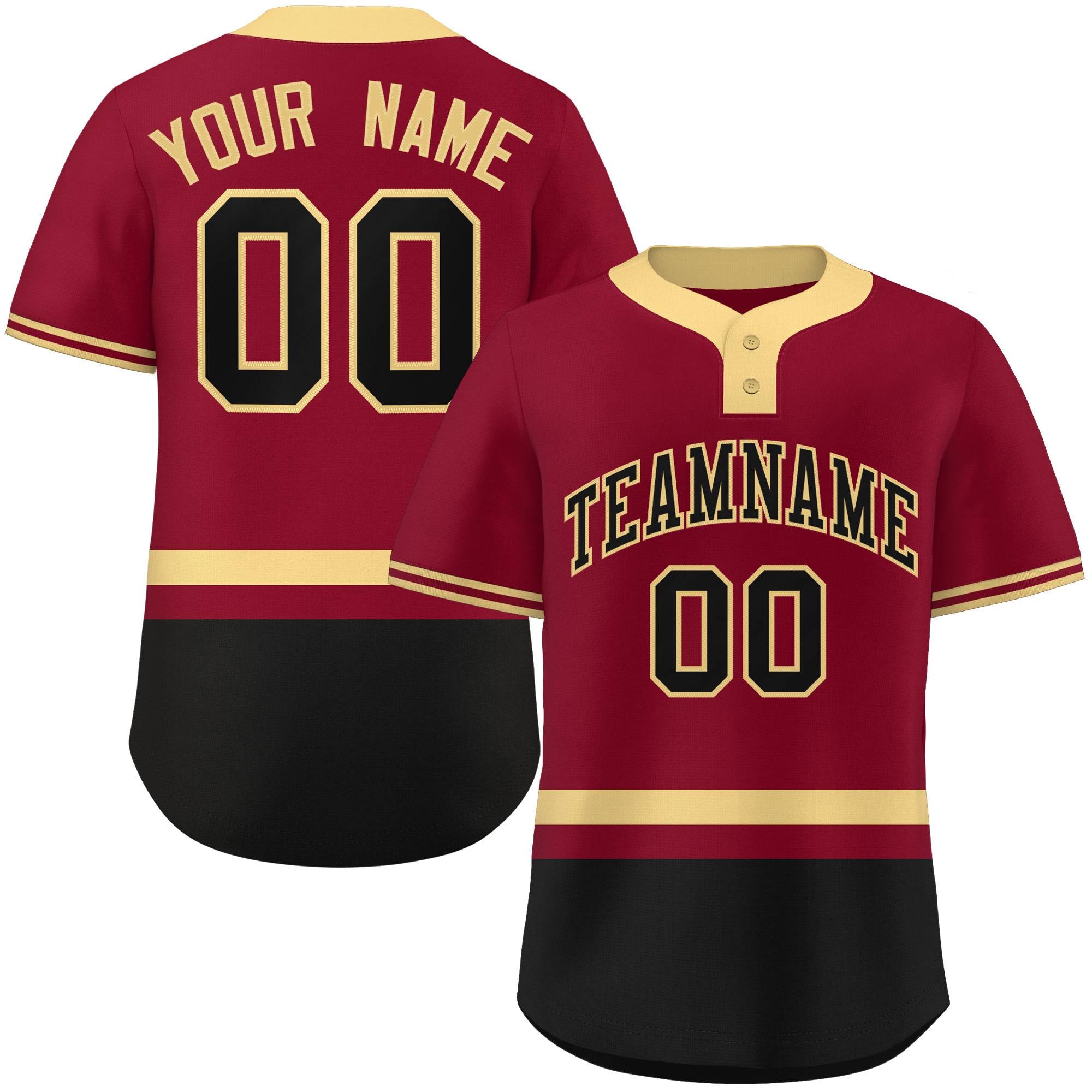 Custom Crimson Khaki-Black Color Block Personalized Authentic Two-Button Baseball Jersey