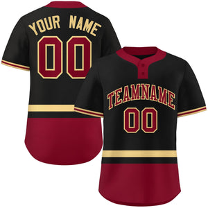 Custom Black Khaki-Crimson Color Block Personalized Authentic Two-Button Baseball Jersey