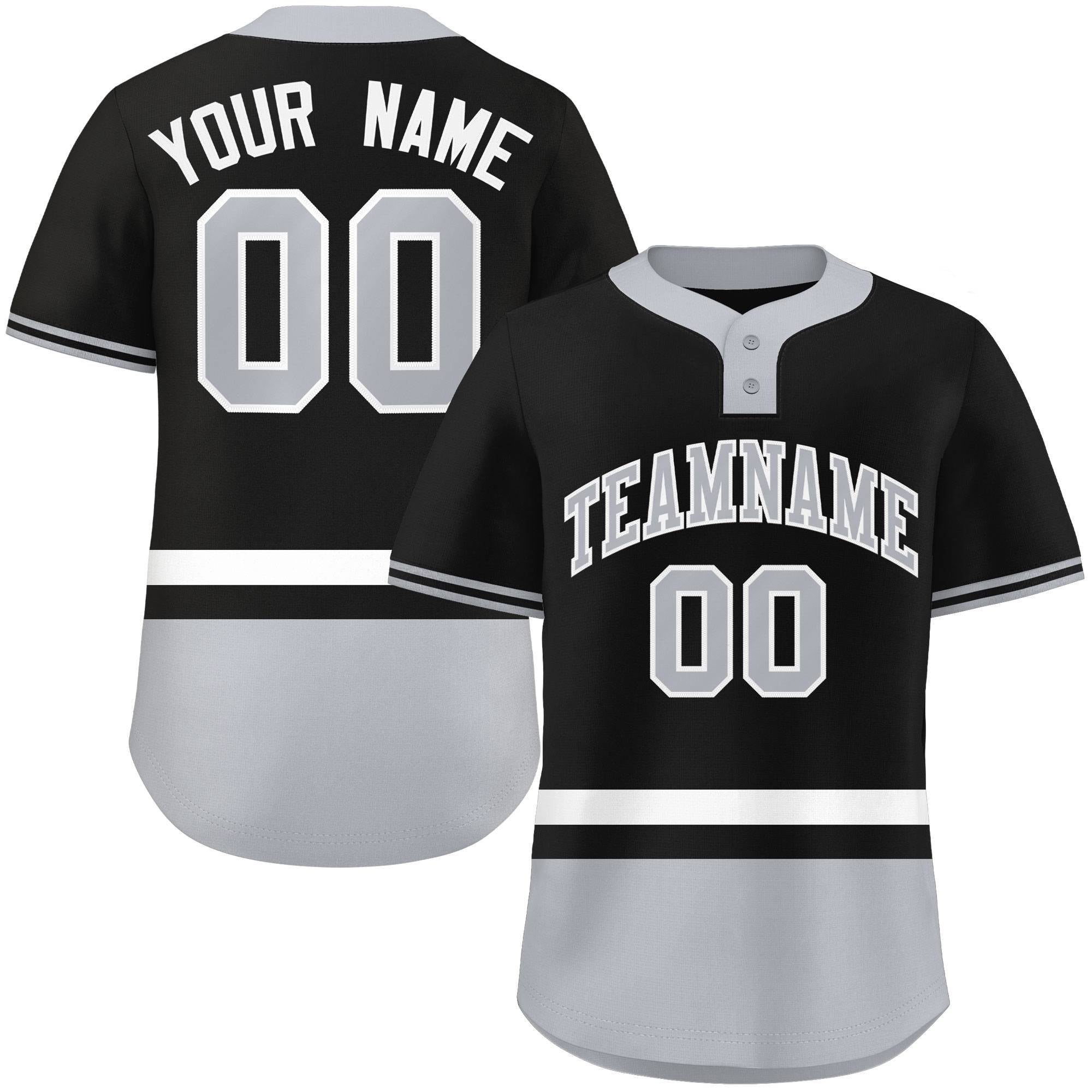 Custom Black White-Gray Color Block Personalized Authentic Two-Button Baseball Jersey