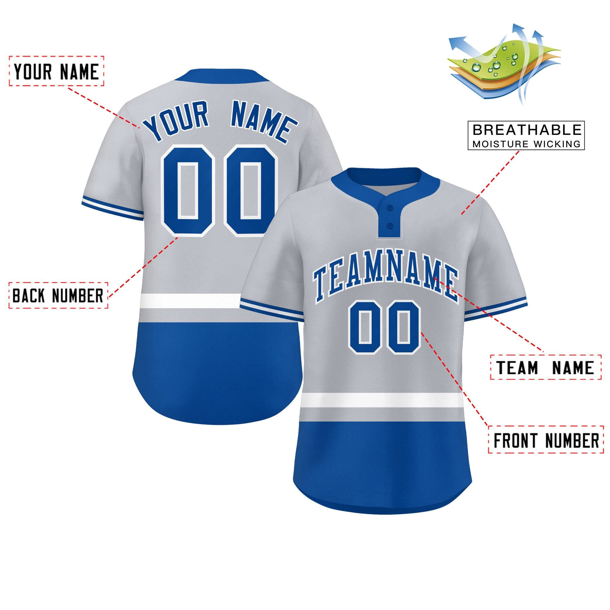 Custom Gray White-Royal Color Block Personalized Authentic Two-Button Baseball Jersey