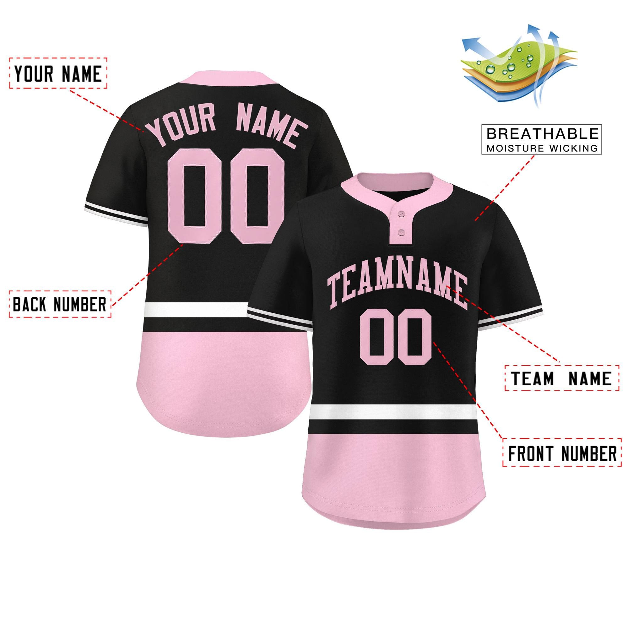 Custom Black White-Lt Pink Color Block Personalized Authentic Two-Button Baseball Jersey