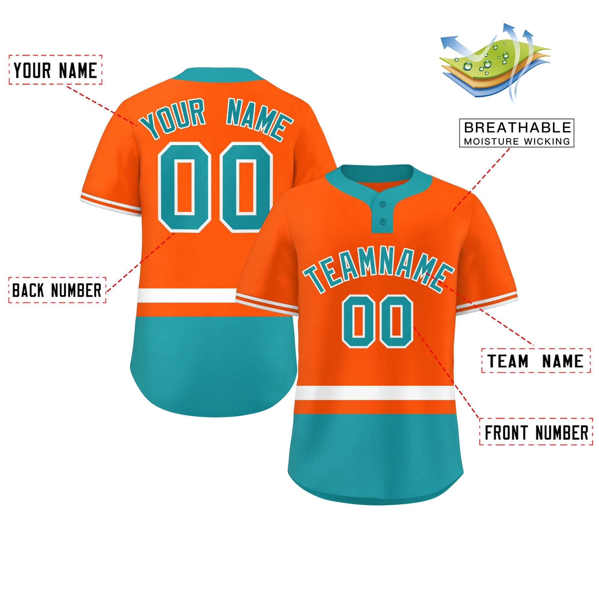 Custom Orange White-Aqua Color Block Personalized Authentic Two-Button Baseball Jersey