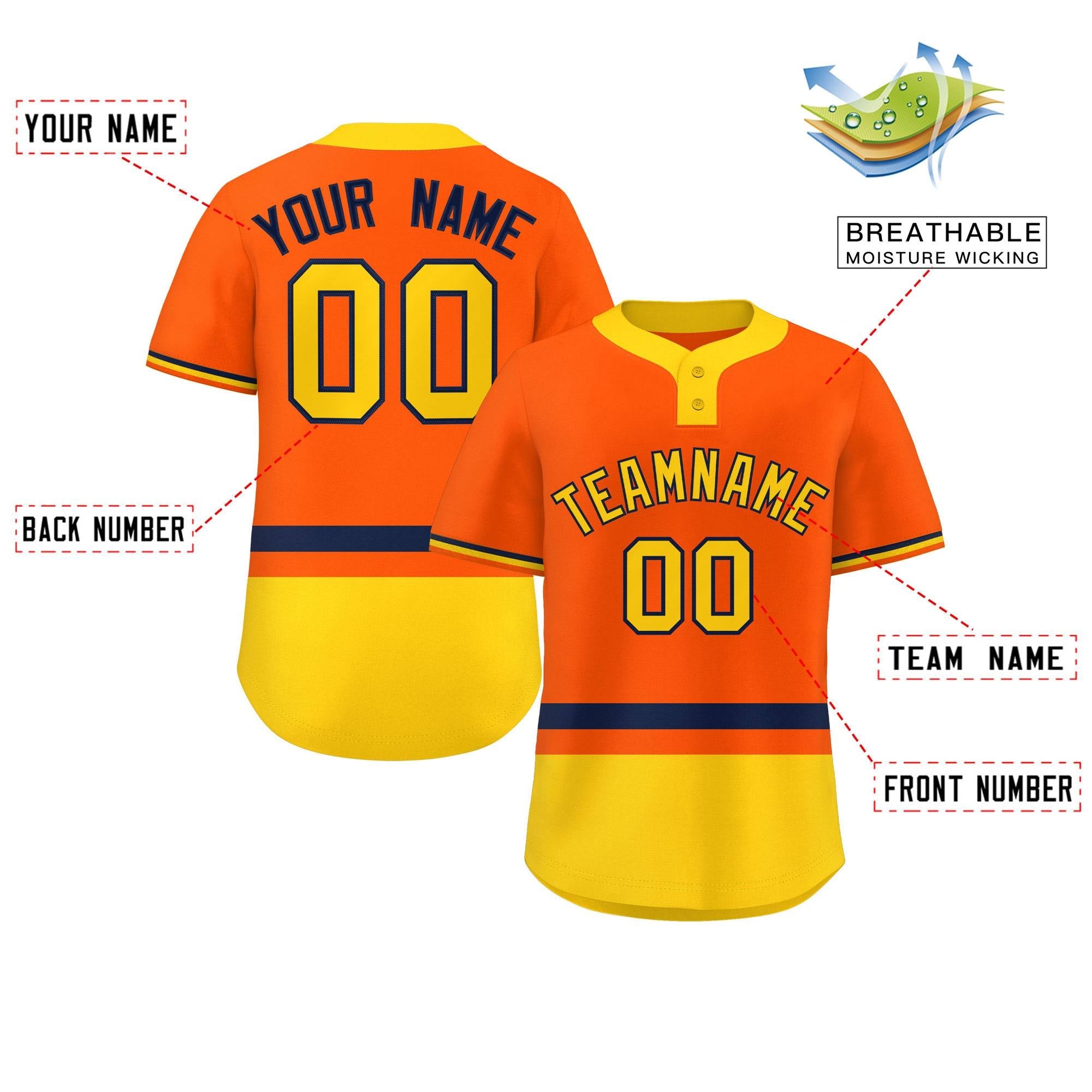 Custom Orange Navy-Gold Color Block Personalized Authentic Two-Button Baseball Jersey