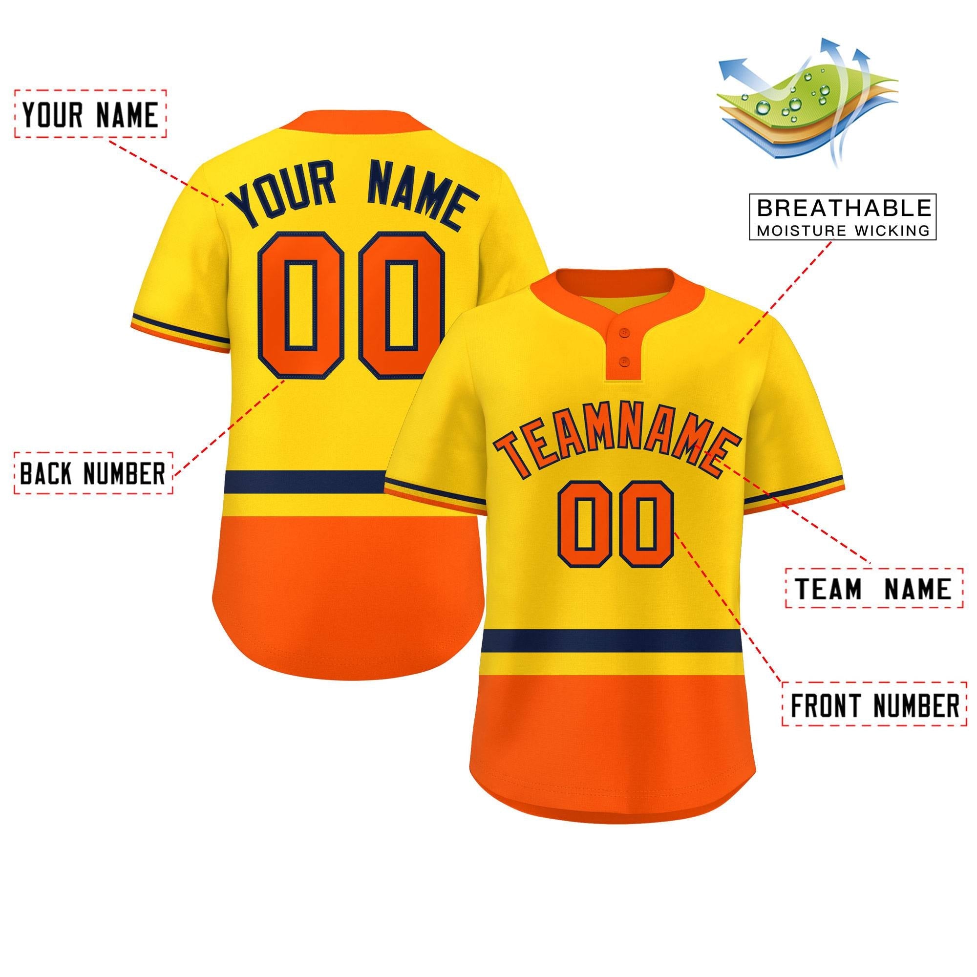 Custom Gold Navy-Orange Color Block Personalized Authentic Two-Button Baseball Jersey