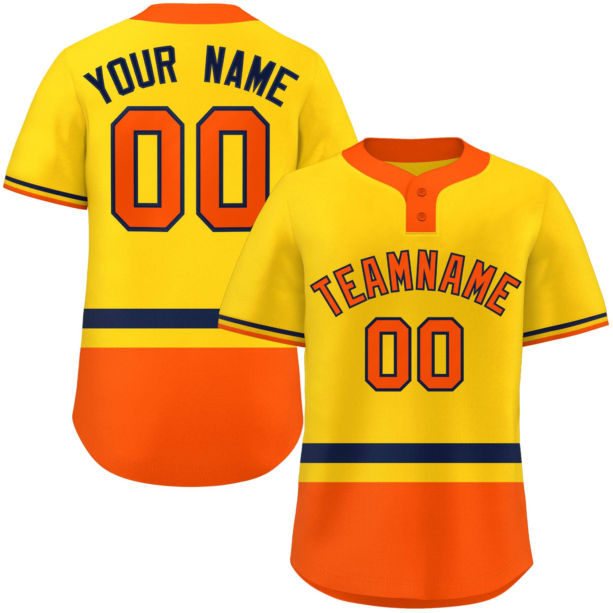 Custom Gold Navy-Orange Color Block Personalized Authentic Two-Button Baseball Jersey