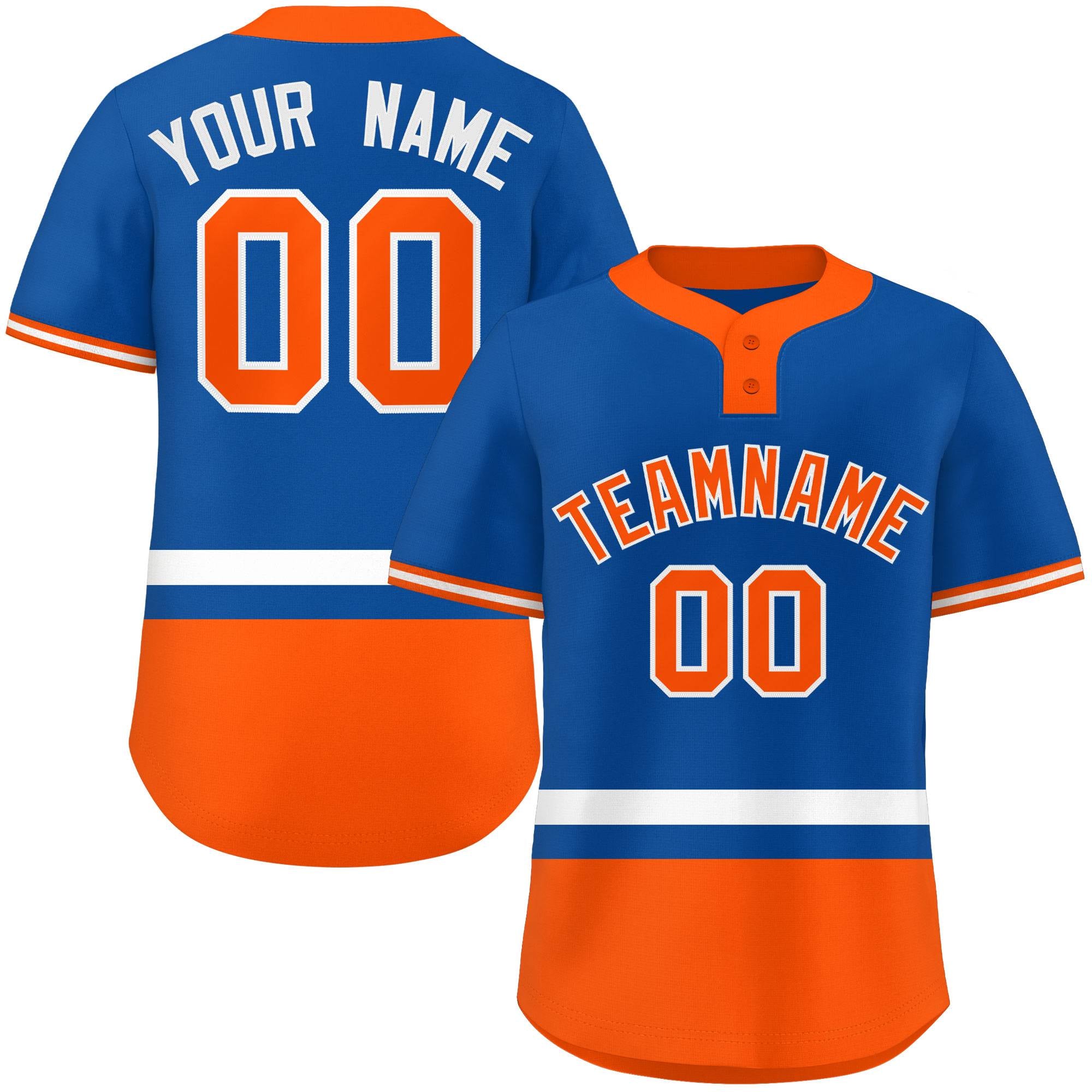 Custom Royal White-Orange Color Block Personalized Authentic Two-Button Baseball Jersey