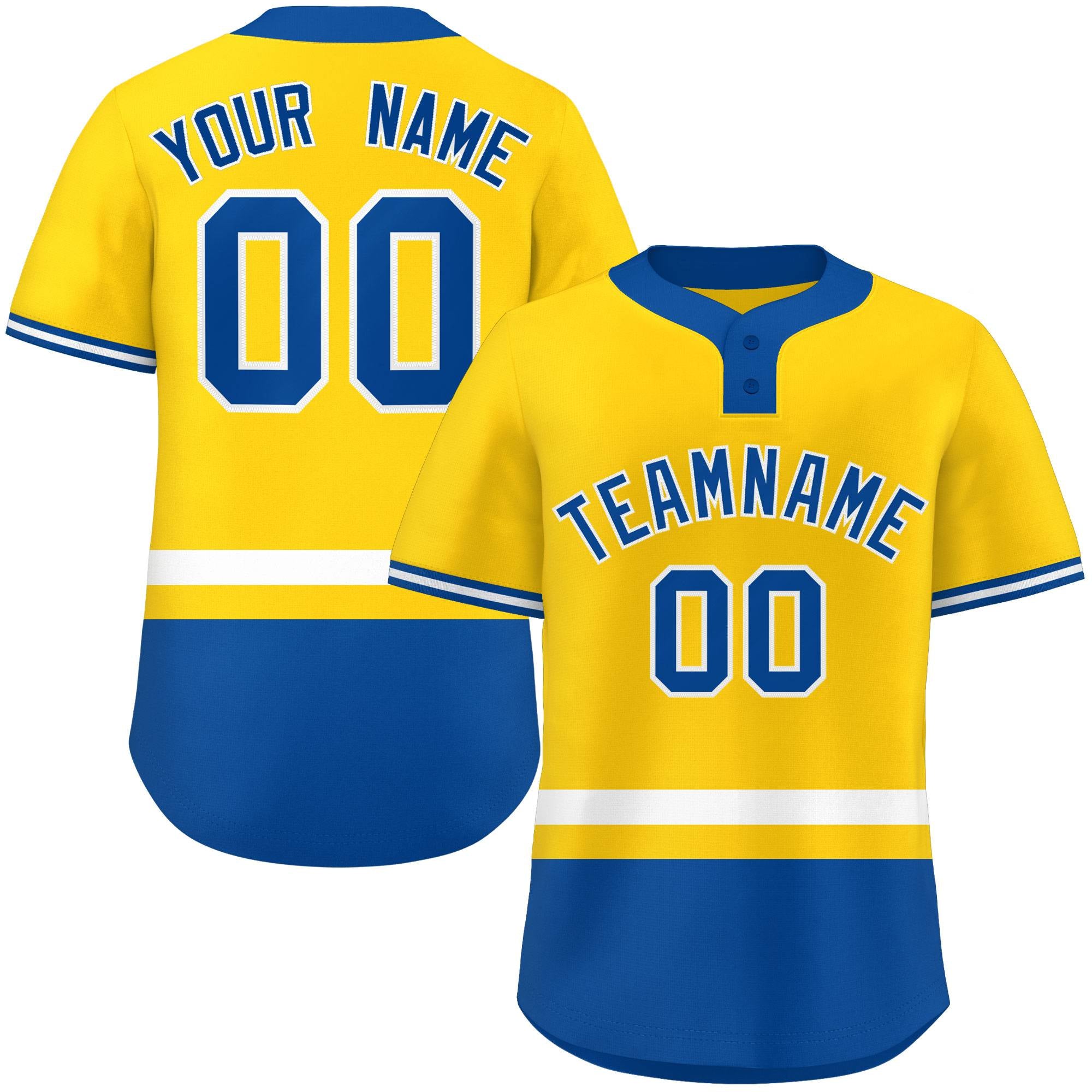 Custom Gold White-Royal Color Block Personalized Authentic Two-Button Baseball Jersey