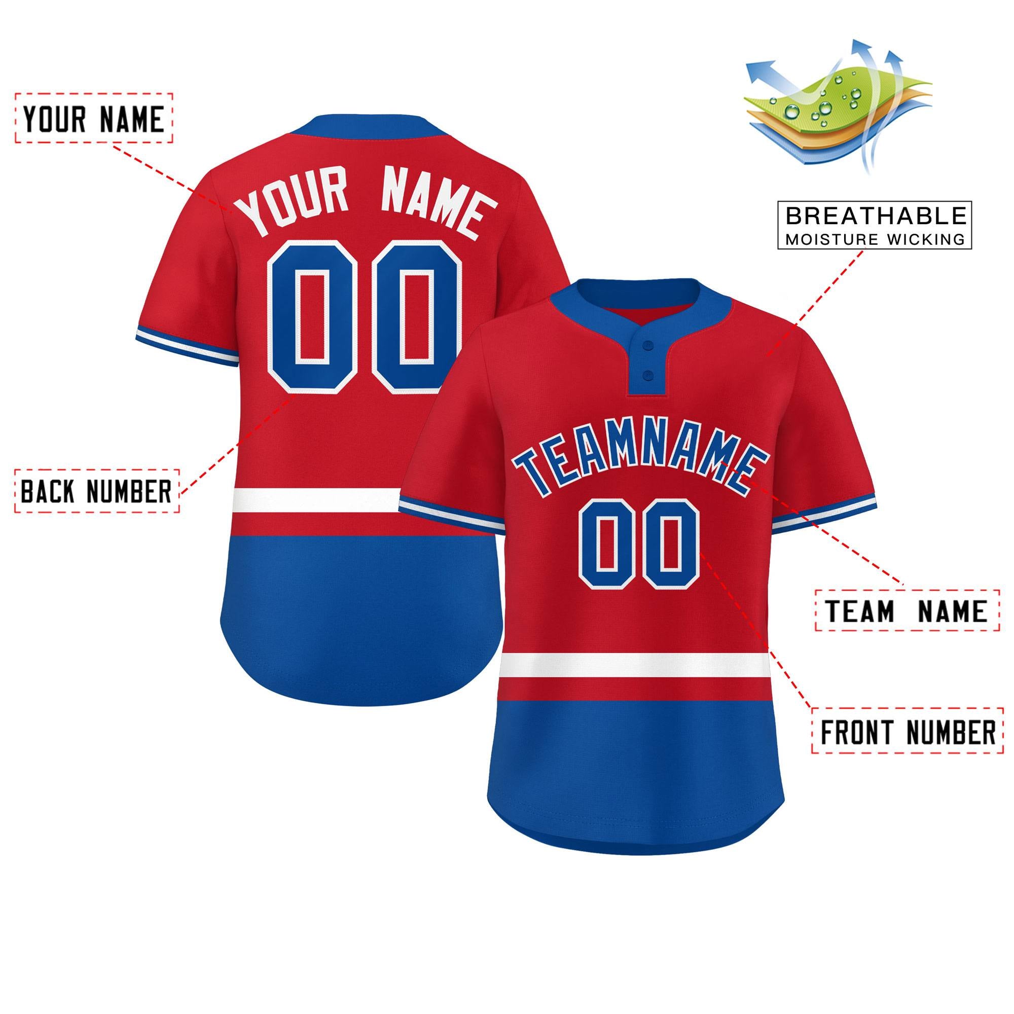 Custom Red White-Royal Color Block Personalized Authentic Two-Button Baseball Jersey