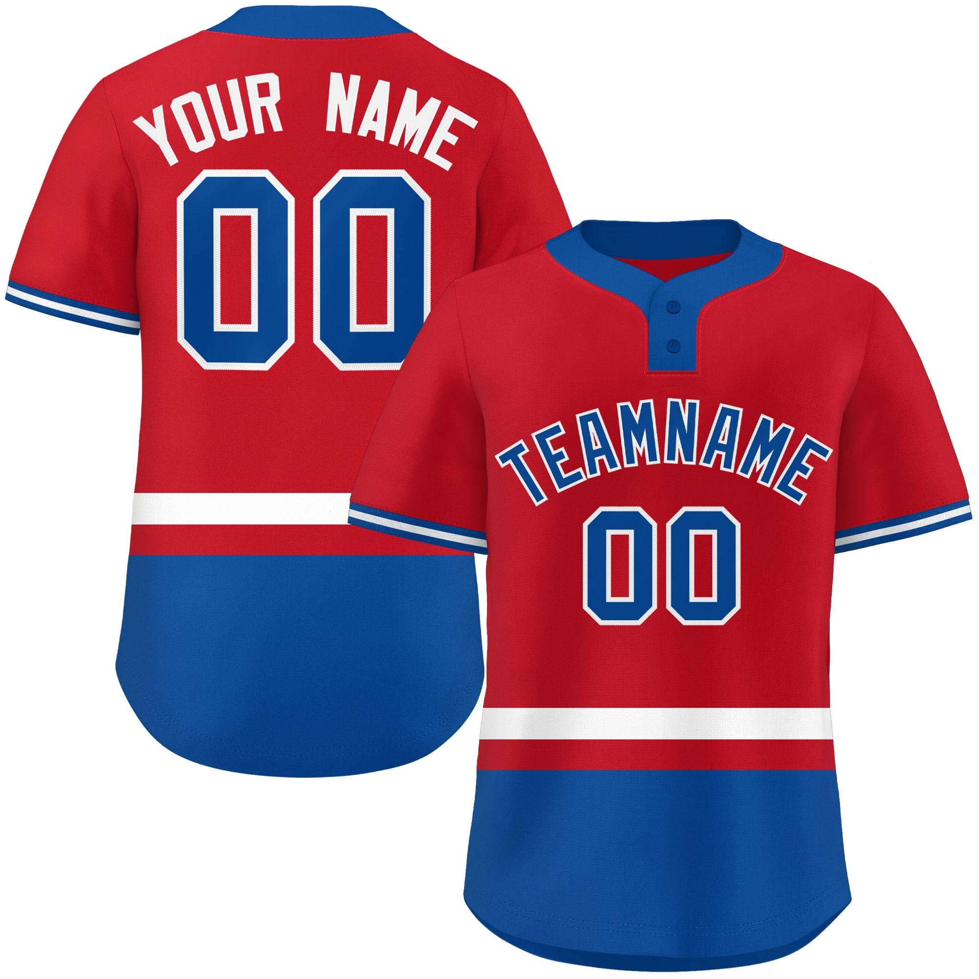 Custom Red White-Royal Color Block Personalized Authentic Two-Button Baseball Jersey