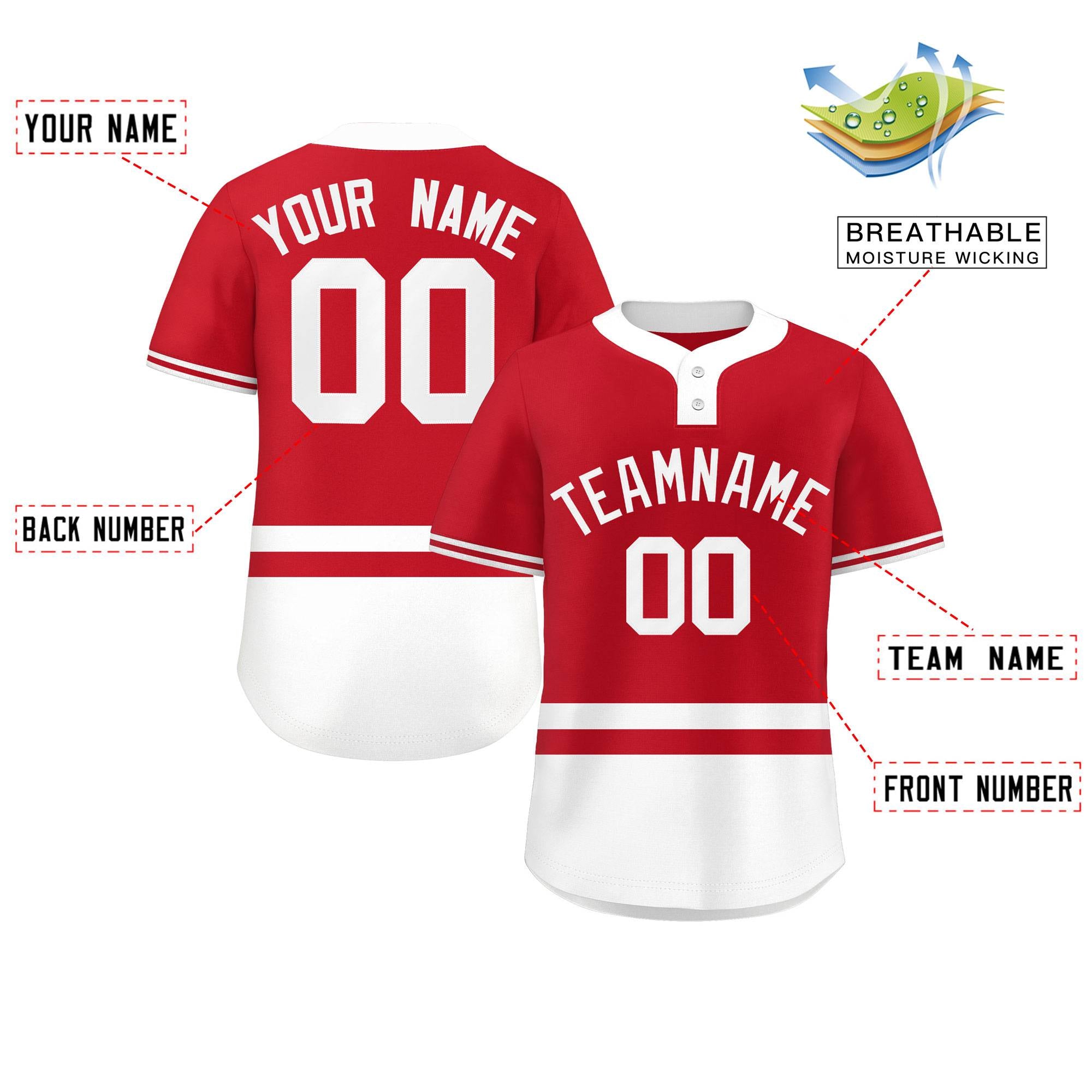 Custom Red White Color Block Personalized Authentic Two-Button Baseball Jersey