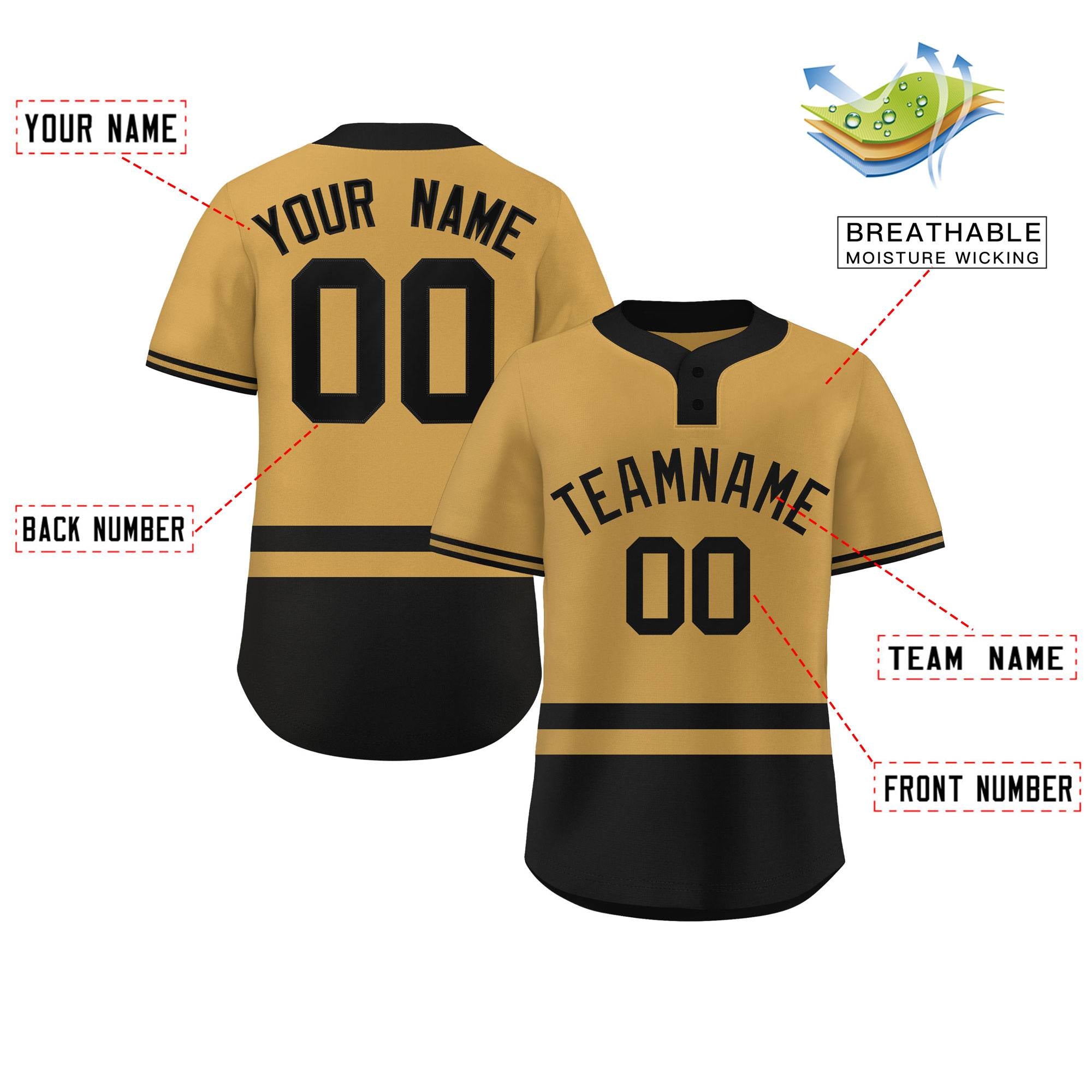 Custom Gold Black Color Block Personalized Authentic Two-Button Baseball Jersey