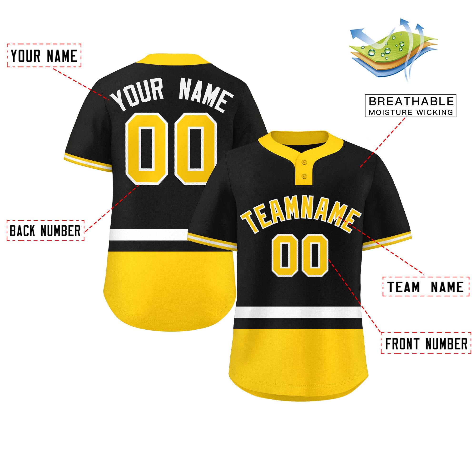 Custom Black White-Gold Color Block Personalized Authentic Two-Button Baseball Jersey