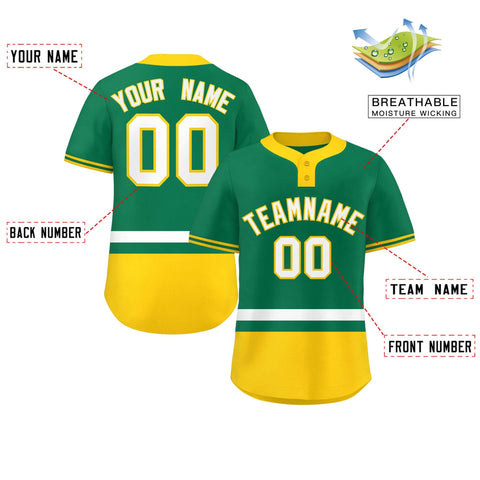 Custom Kelly Green White-Gold Color Block Personalized Authentic Two-Button Baseball Jersey