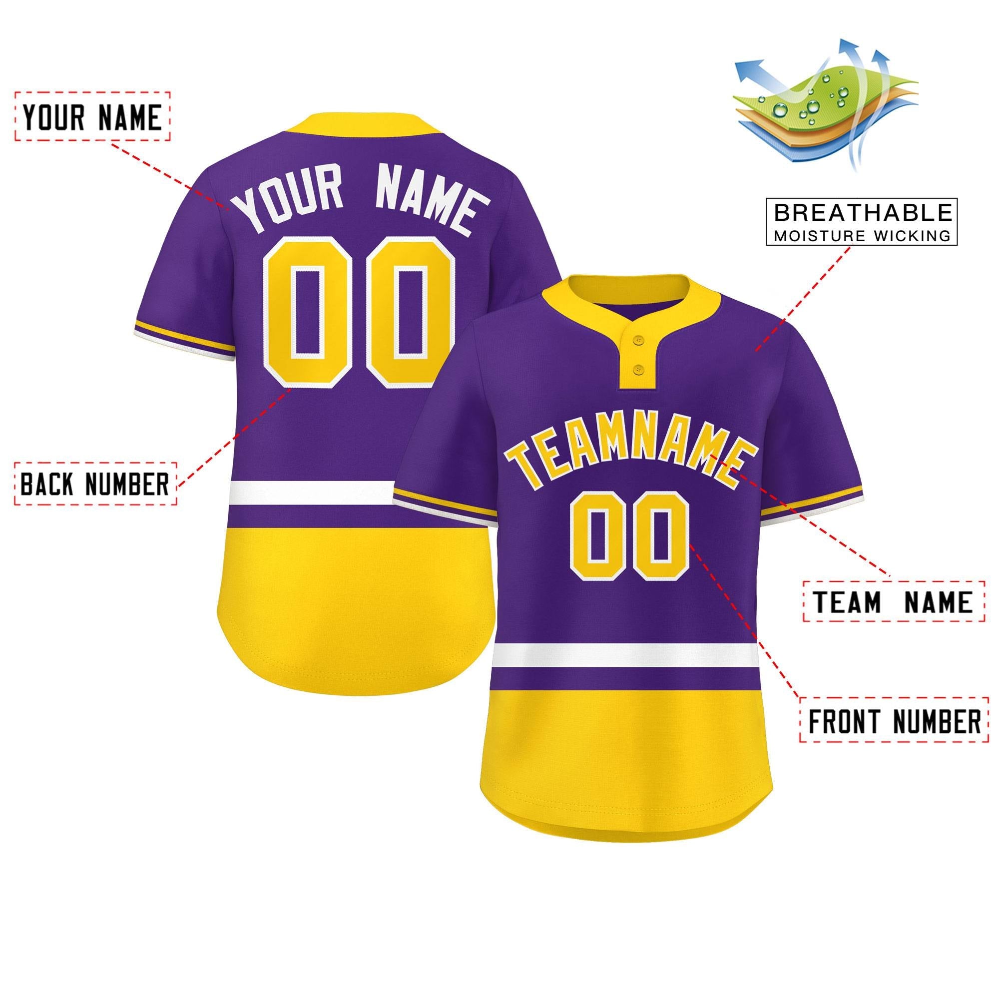 Custom Purple White-Gold Color Block Personalized Authentic Two-Button Baseball Jersey