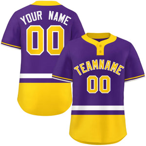 Custom Purple White-Gold Color Block Personalized Authentic Two-Button Baseball Jersey