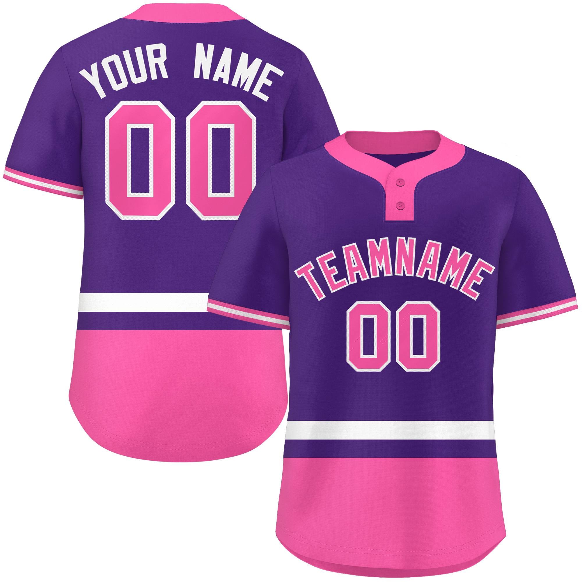 Custom Purple White-Pink Color Block Personalized Authentic Two-Button Baseball Jersey