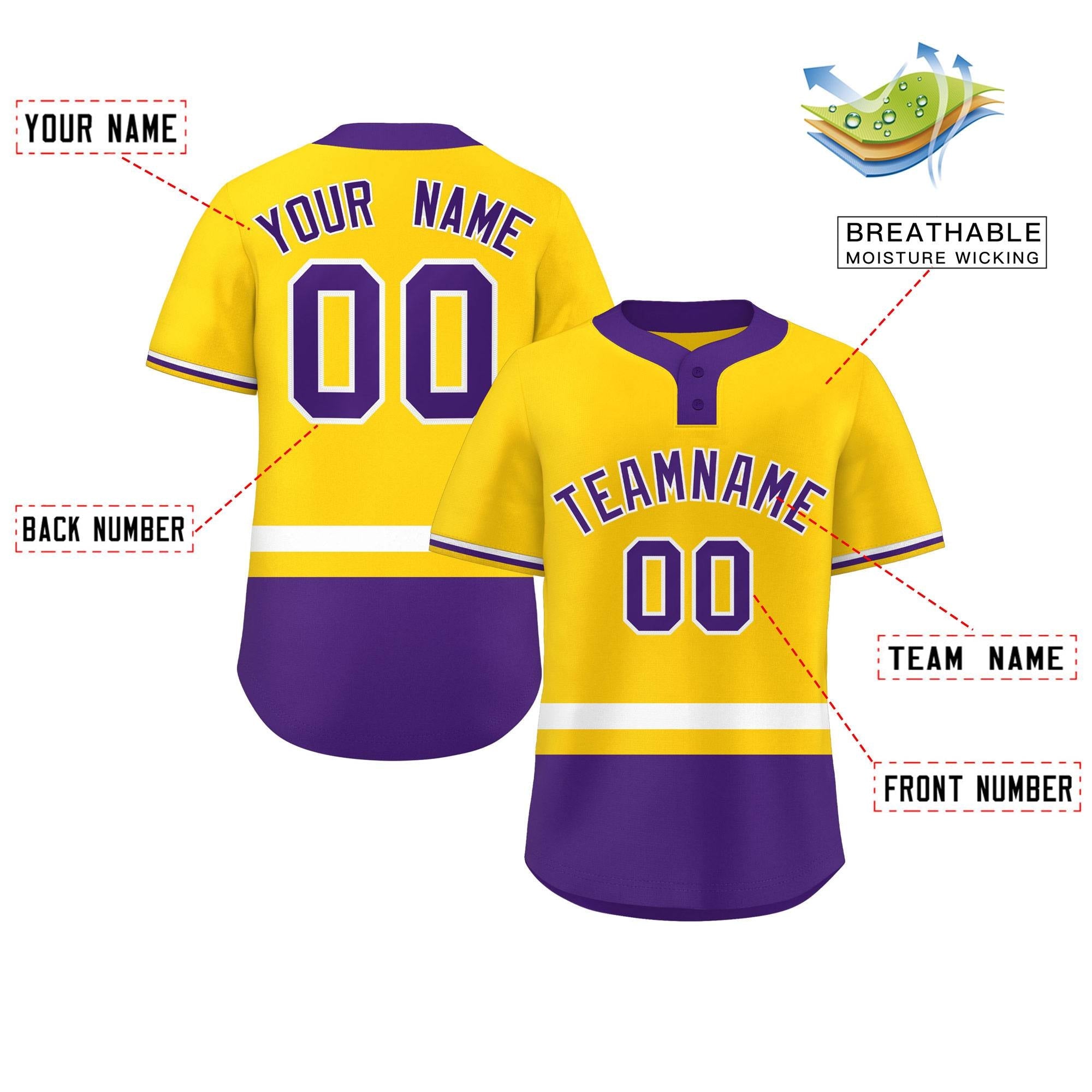 Custom Gold White-Purple Color Block Personalized Authentic Two-Button Baseball Jersey