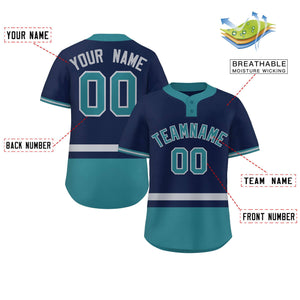 Custom Navy Gray-Aqua Color Block Personalized Authentic Two-Button Baseball Jersey