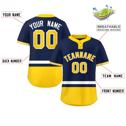 Custom Navy White-Gold Color Block Personalized Authentic Two-Button Baseball Jersey
