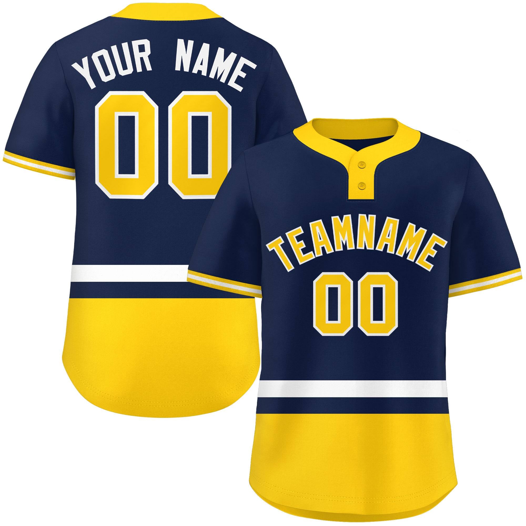 Custom Navy White-Gold Color Block Personalized Authentic Two-Button Baseball Jersey