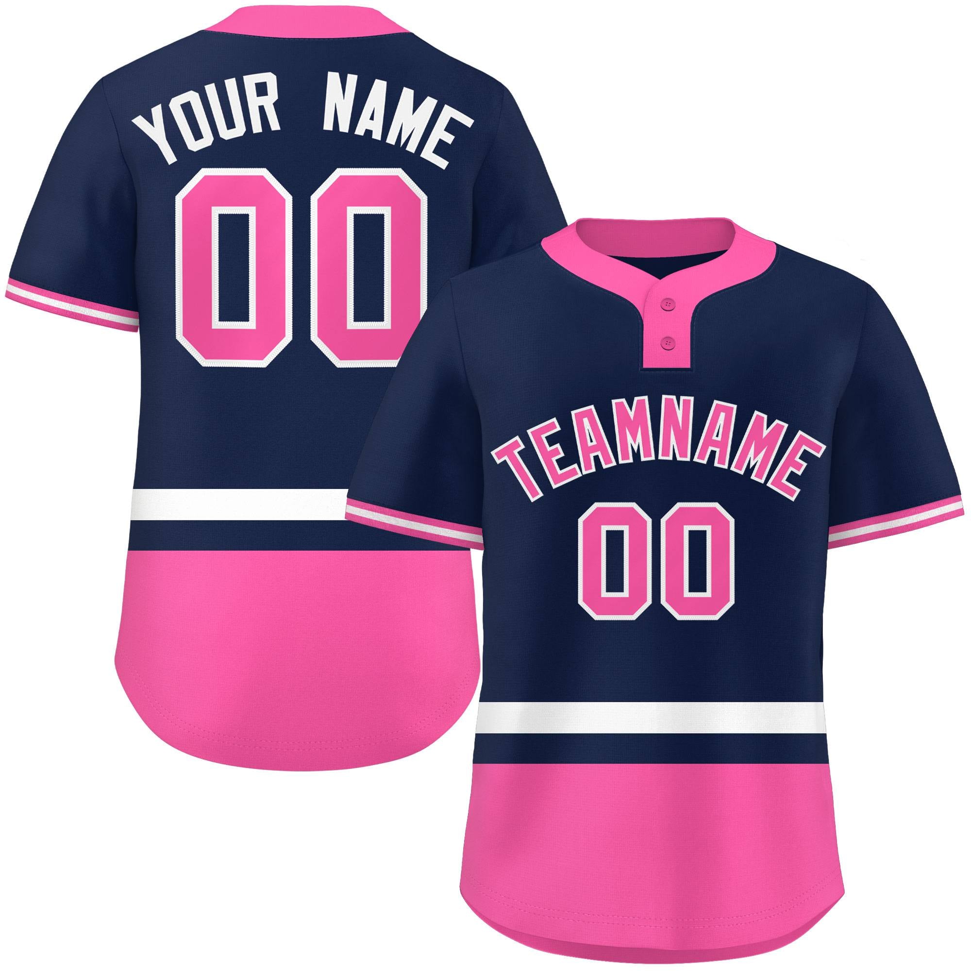 Custom Navy White-Pink Color Block Personalized Authentic Two-Button Baseball Jersey