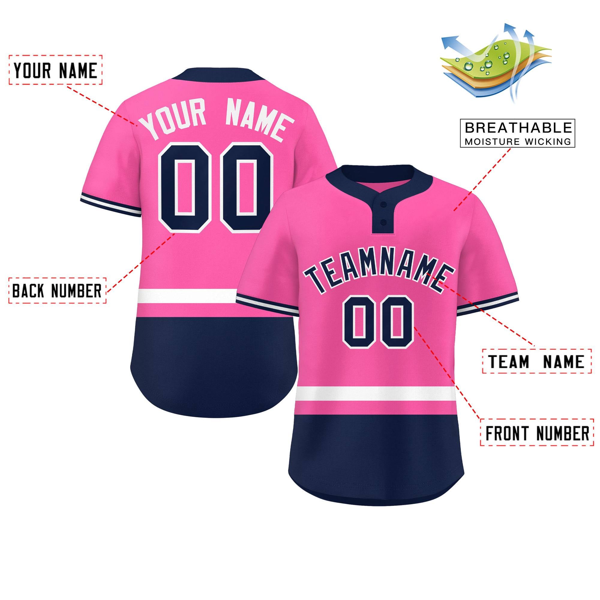 Custom Pink White-Navy Color Block Personalized Authentic Two-Button Baseball Jersey