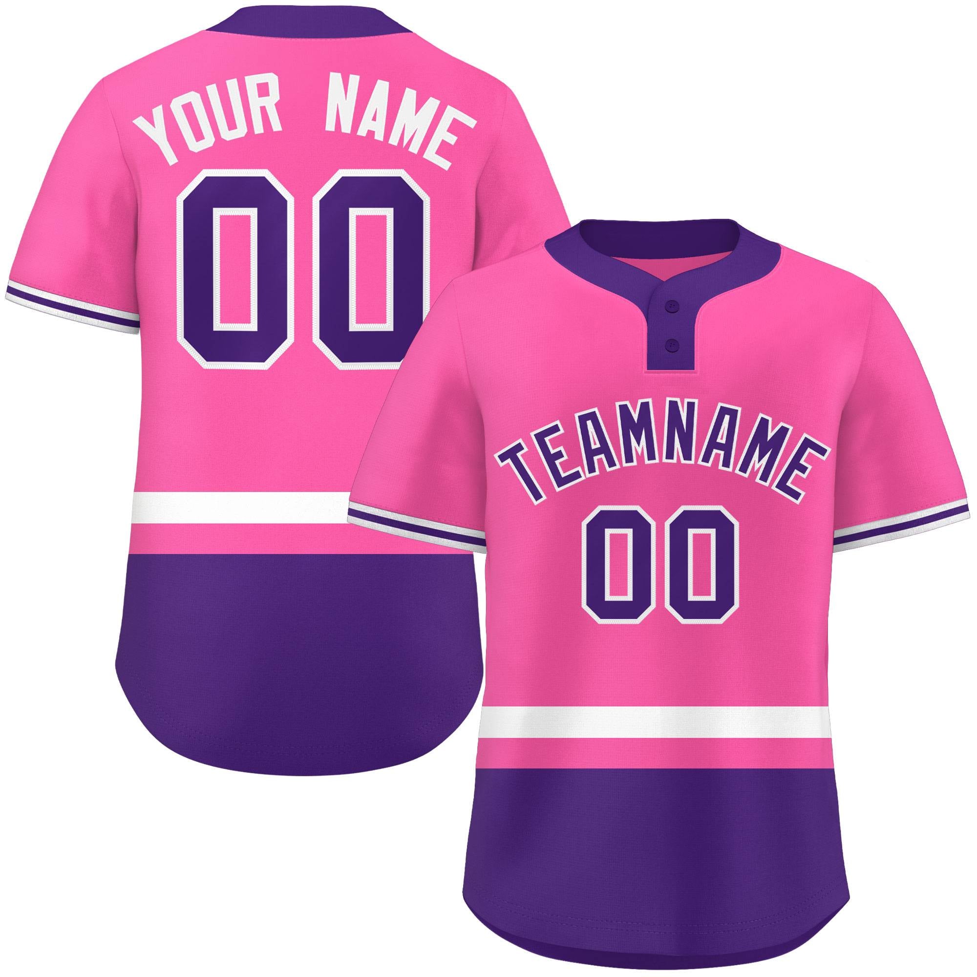 Custom Pink White-Purple Color Block Personalized Authentic Two-Button Baseball Jersey