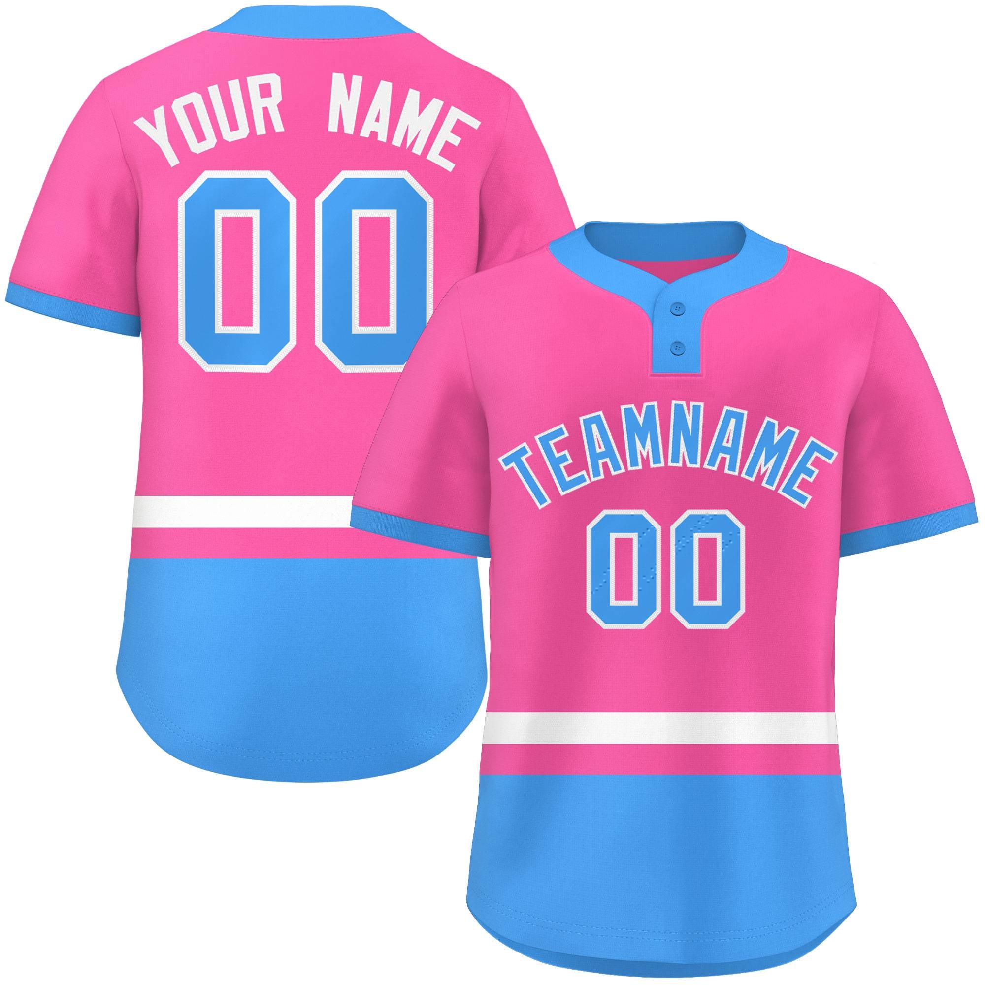 Custom Pink White-Powder Blue Color Block Personalized Authentic Two-Button Baseball Jersey