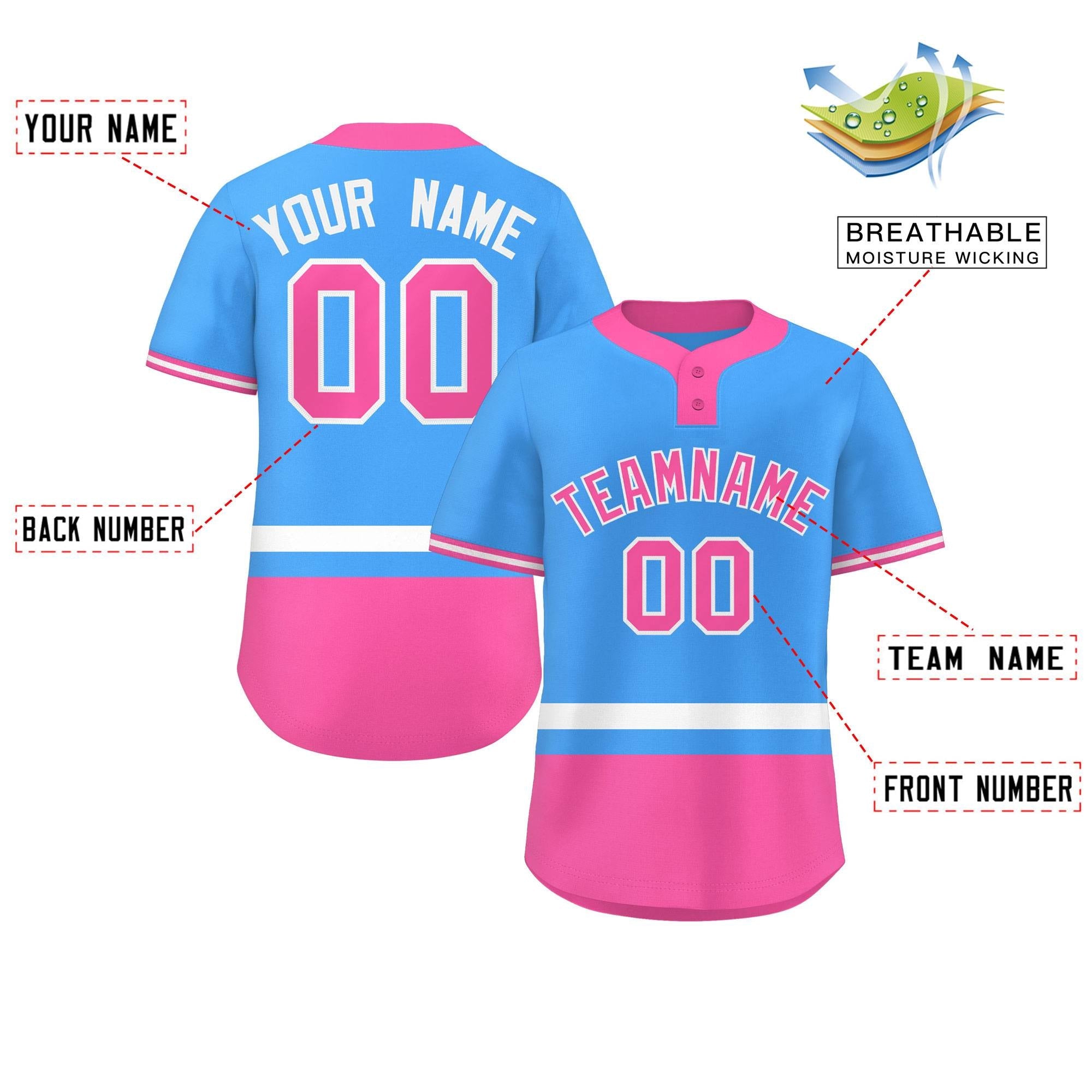 Custom Powder Blue White-Pink Color Block Personalized Authentic Two-Button Baseball Jersey