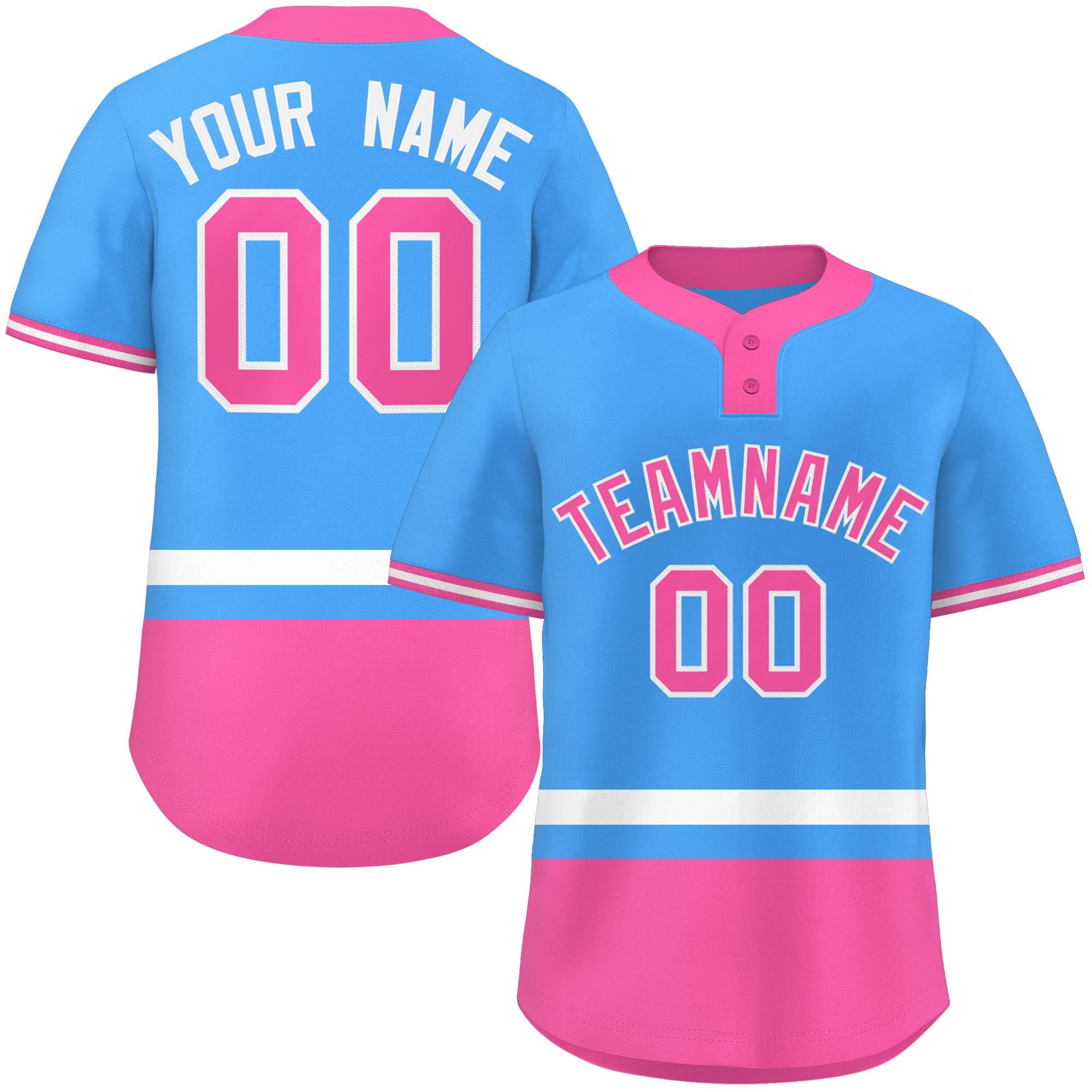 Custom Powder Blue White-Pink Color Block Personalized Authentic Two-Button Baseball Jersey