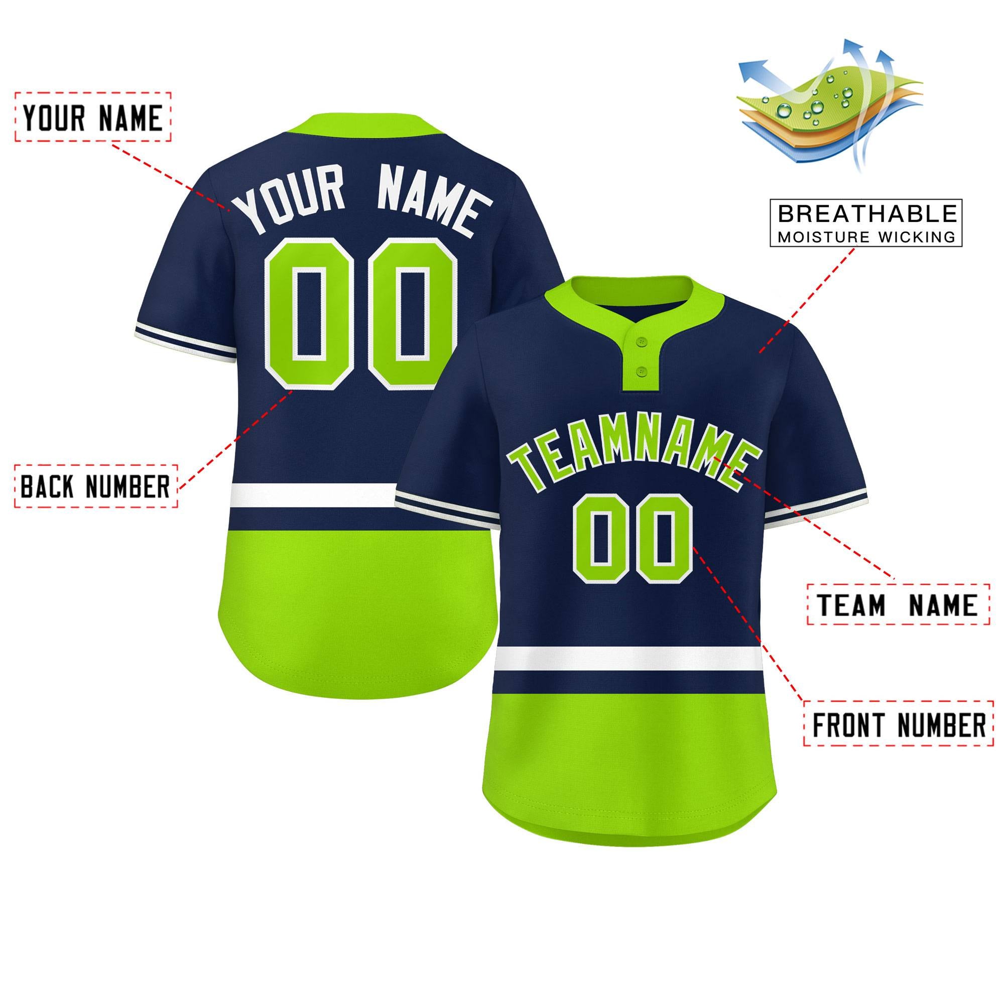 Custom Navy White-Neon Green Color Block Personalized Authentic Two-Button Baseball Jersey